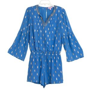 Lilly Pulitzer Silk Blue Gold long sleeve Romper Sz S Beaded V-Neck Boho Luxury